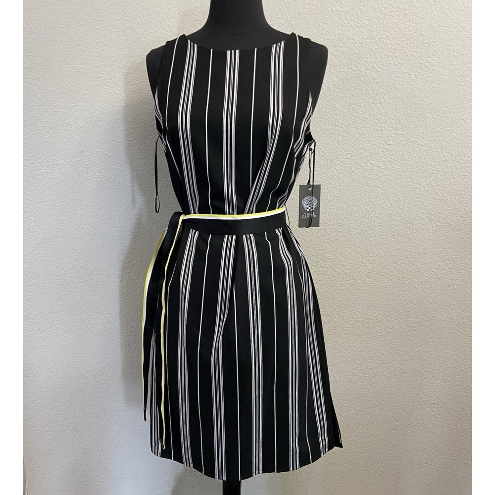 Vince Camuto Women's Size 4 Daybreak‎ Black Stiped Sleeveless Dress Belted NEW